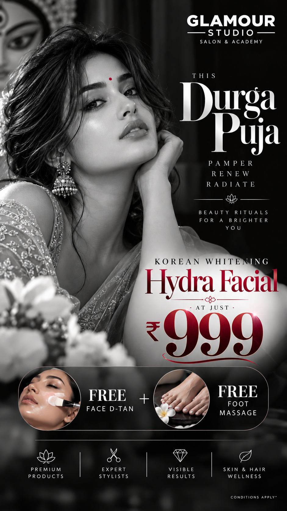 Durga Puja — Hydra Facial ₹999 — Korean Whitening Hydra Facial + Free Face D-Tan + Free Foot Massage